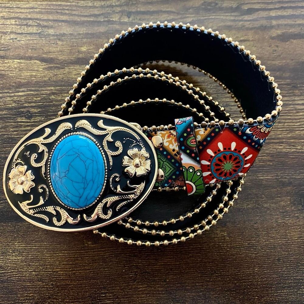 Boho Colorful Turquoise Buckle Western Y2K Belt, Fits 36.5-45 Inches, X7GA1289 - Picture 7 of 7